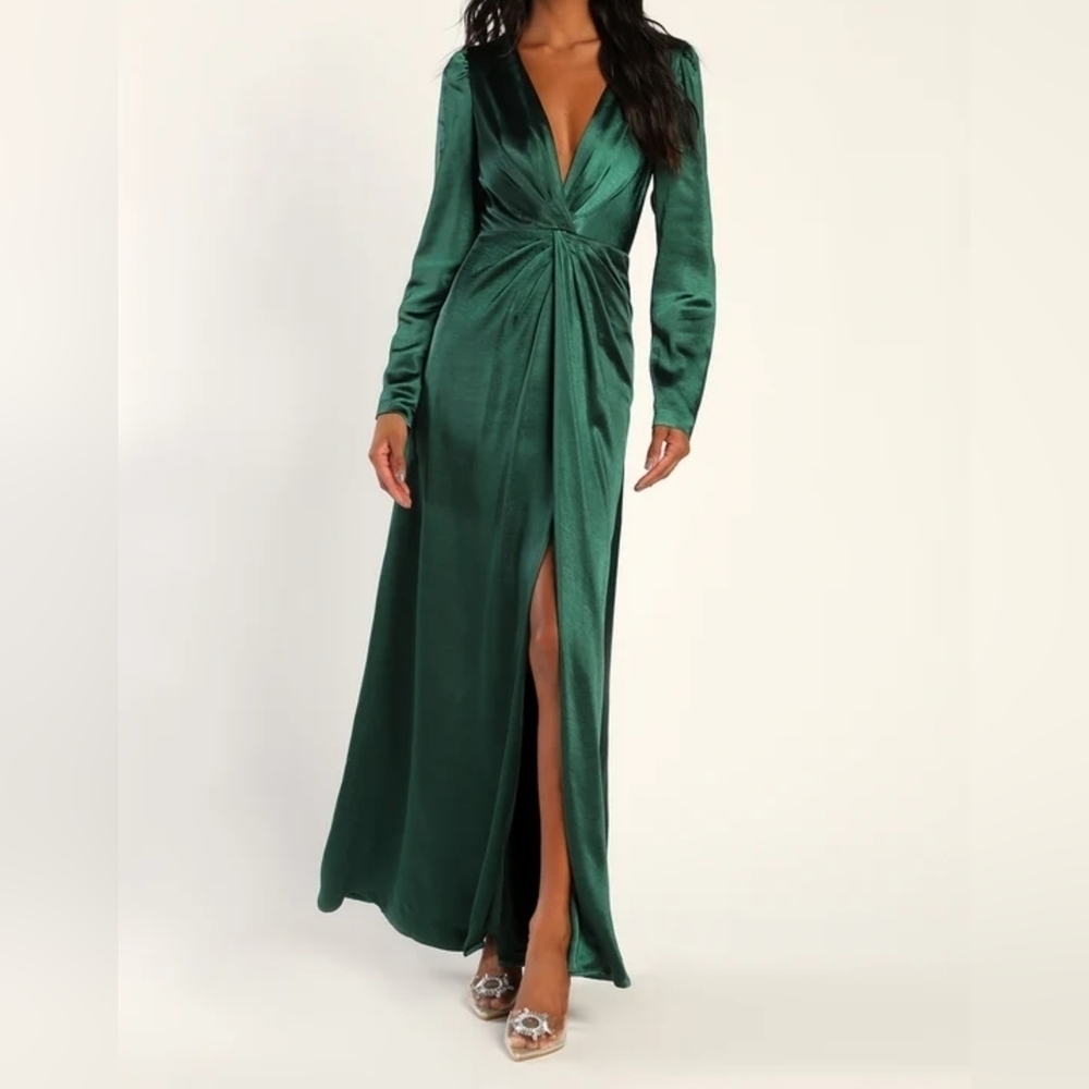 Lulus Women's Endearing Elegance Emerald Green Satin Long Sleeve Maxi Dress, XS